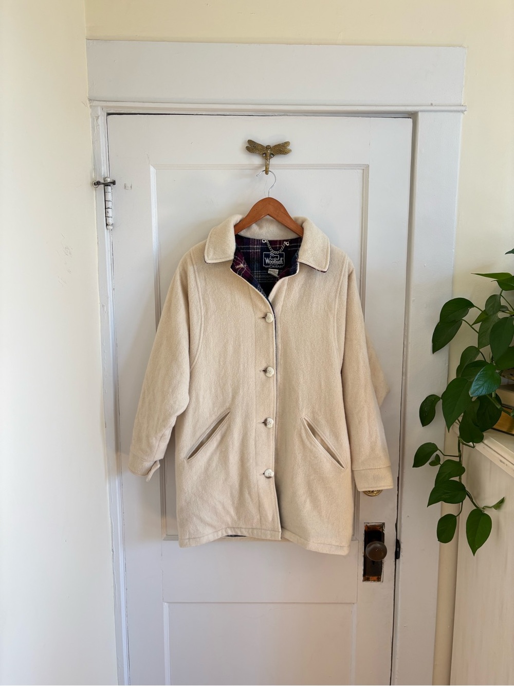 Vintage Woolrich Women’s Cream Plaid-Lined Wool Pea Car Coat Size Medium